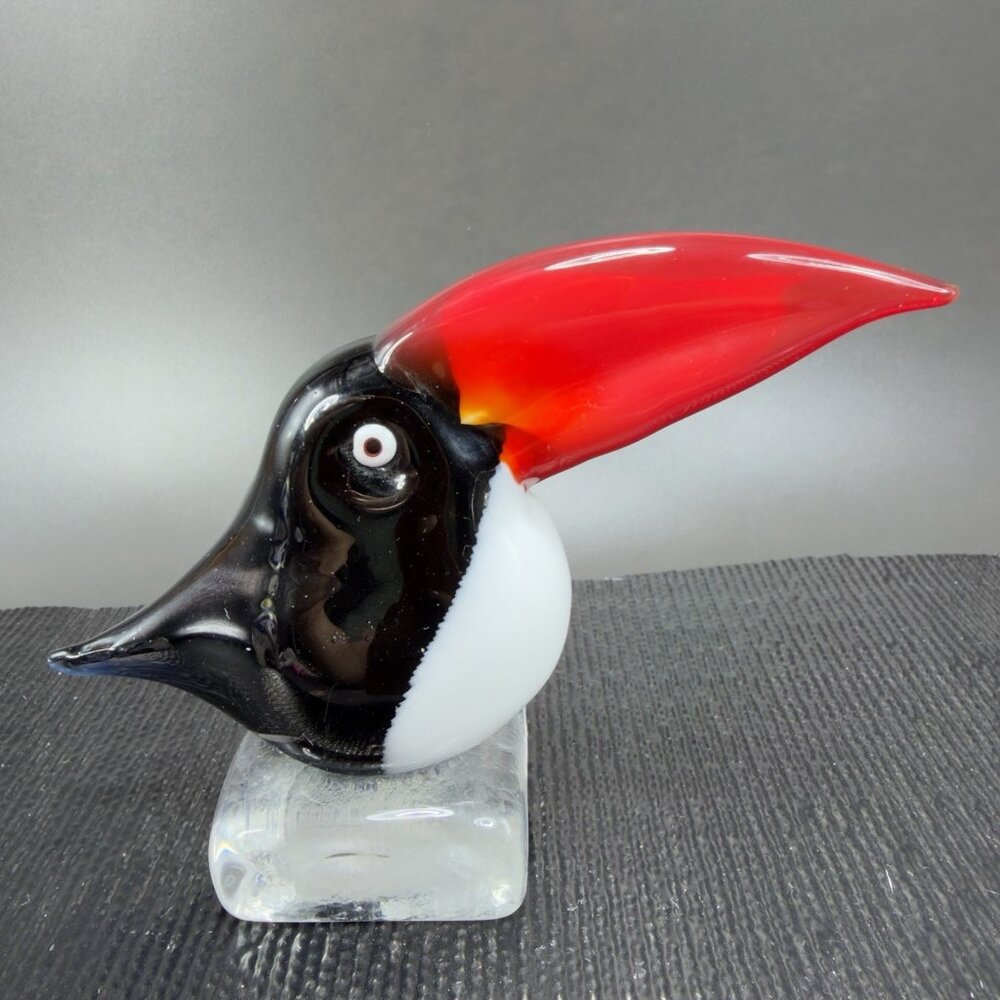 Vintage ICET Murano Glass Toucan Glass Toucan Bird On Clear Base Figurine Decor